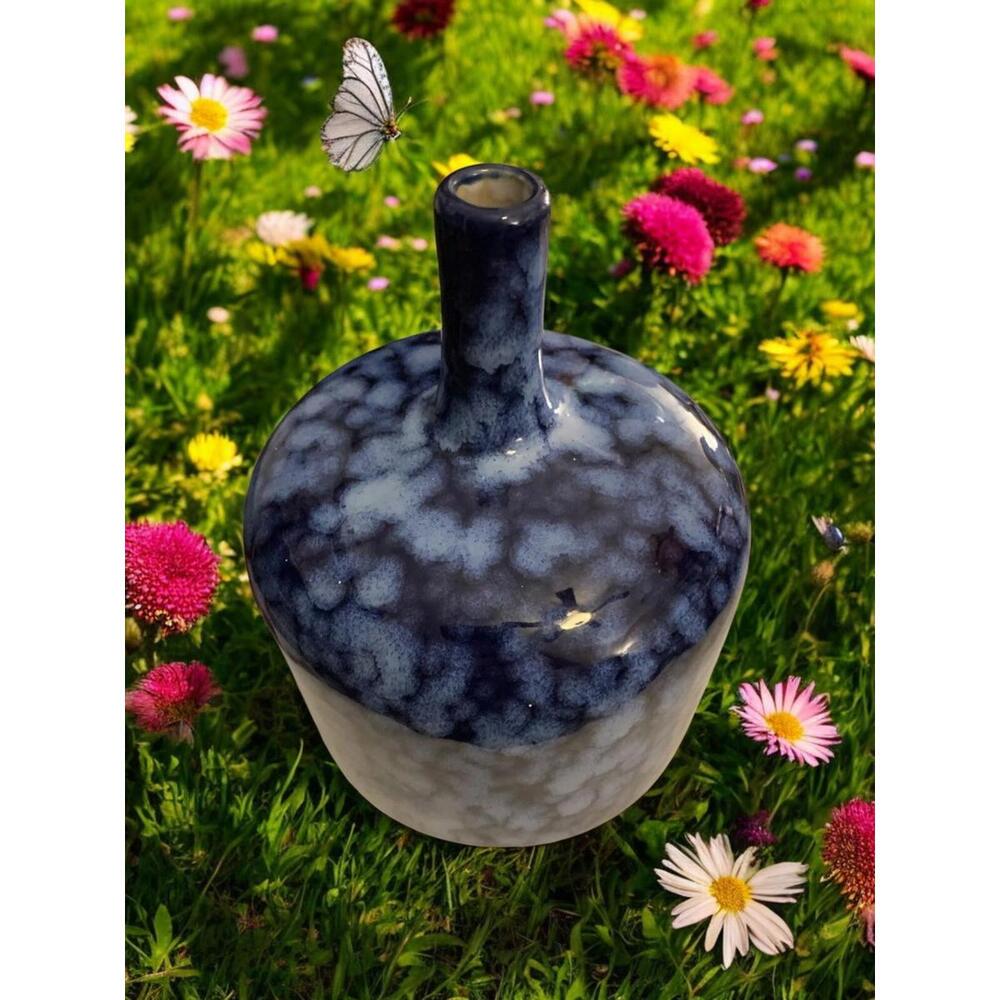 Navy Blue Ceramic Jar Bud Vase Long Thin Neck 7 in